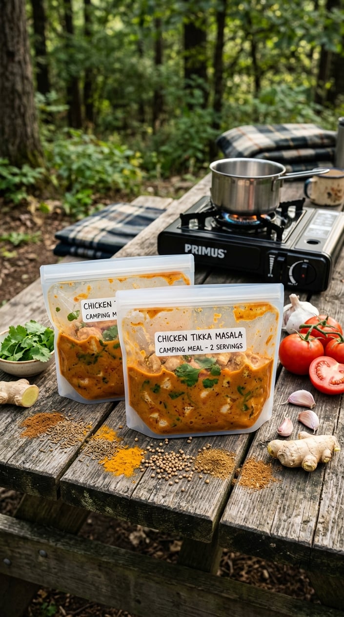 17 Camping Meals You Can Prep Ahead and Heat Over a Single-Burner Stove 9 Silicone freezer bags filled with chicken tikka masala arranged on a wooden surface with fresh spices and ingredients nearby and a compact camping stove in the background.
