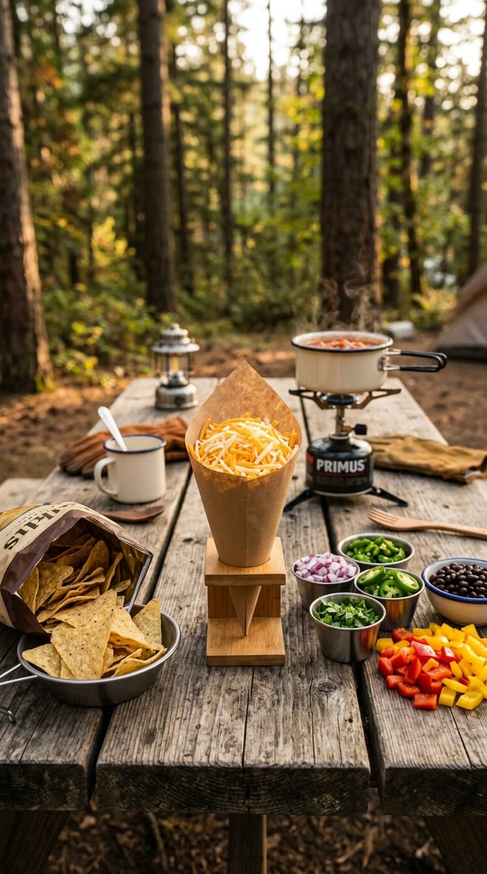 17 Camping Meals You Can Prep Ahead and Heat Over a Single-Burner Stove 10 A paper cone filled with shredded cheese on a wooden picnic table outdoors, surrounded by tortilla chips and camping cooking supplies with a portable stove in the background.