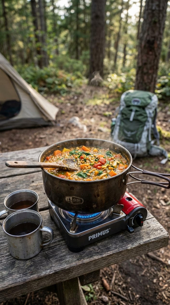 17 Camping Meals You Can Prep Ahead and Heat Over a Single-Burner Stove 11 A pot of colorful lentil curry cooking on a single-burner camping stove outdoors with camping gear nearby.