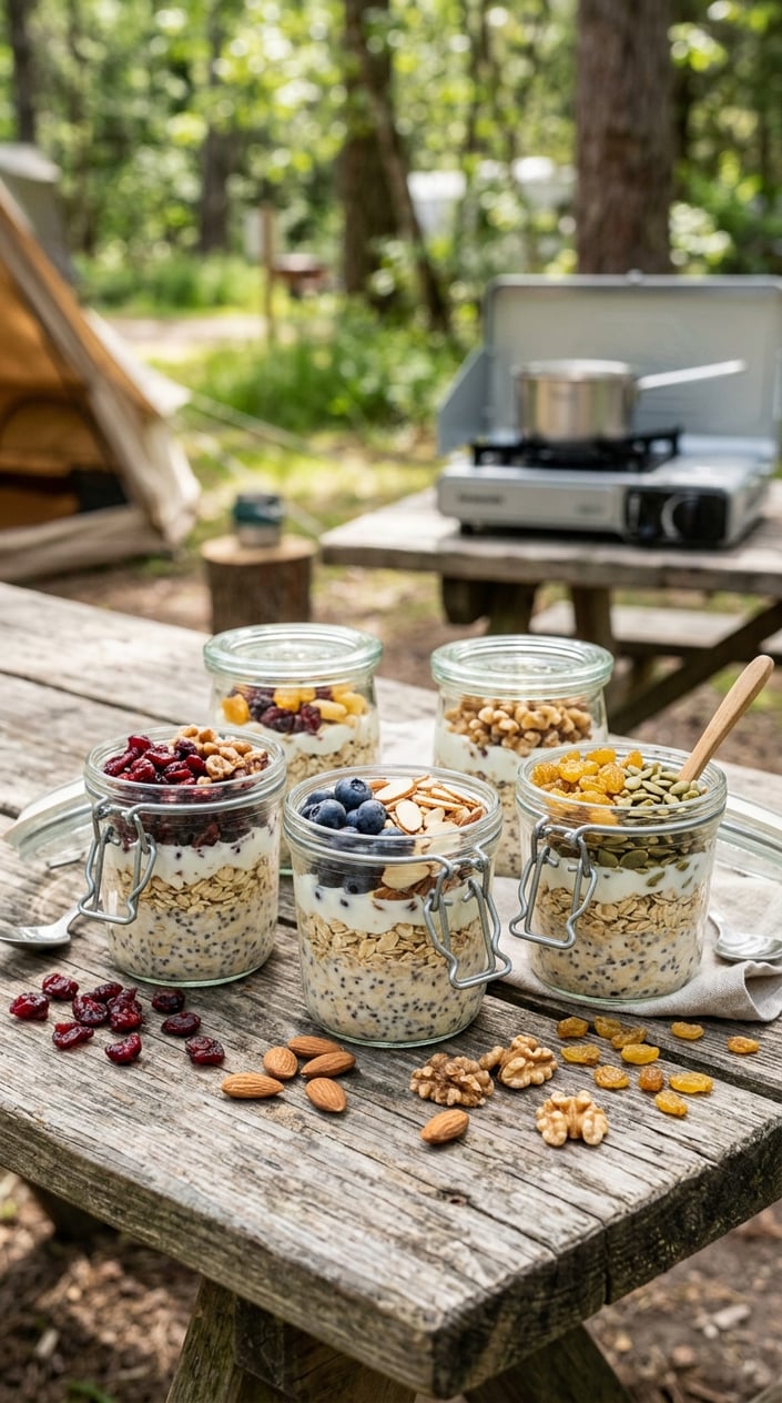 17 Camping Meals You Can Prep Ahead and Heat Over a Single-Burner Stove 12 Glass jars filled with layered oats topped with dried fruit and nuts on a wooden surface, with camping gear in the background.