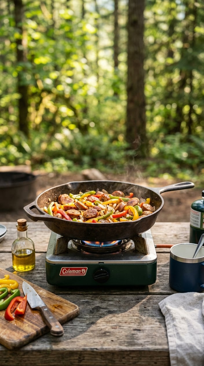 17 Camping Meals You Can Prep Ahead and Heat Over a Single-Burner Stove 13 A cast iron skillet with cooked sausage and colorful bell peppers on a portable camping stove outdoors.
