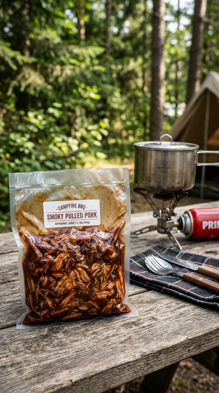 17 Camping Meals You Can Prep Ahead and Heat Over a Single-Burner Stove 14 Vacuum-sealed bag of BBQ pulled pork on a wooden camping table with camping stove and gear in the background.
