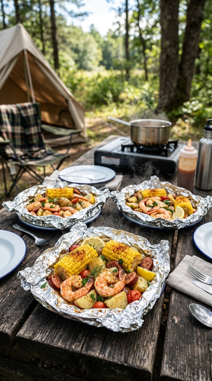 17 Camping Meals You Can Prep Ahead and Heat Over a Single-Burner Stove 15 Open foil packets containing shrimp, corn, and potatoes on a wooden picnic table outdoors with camping gear nearby.