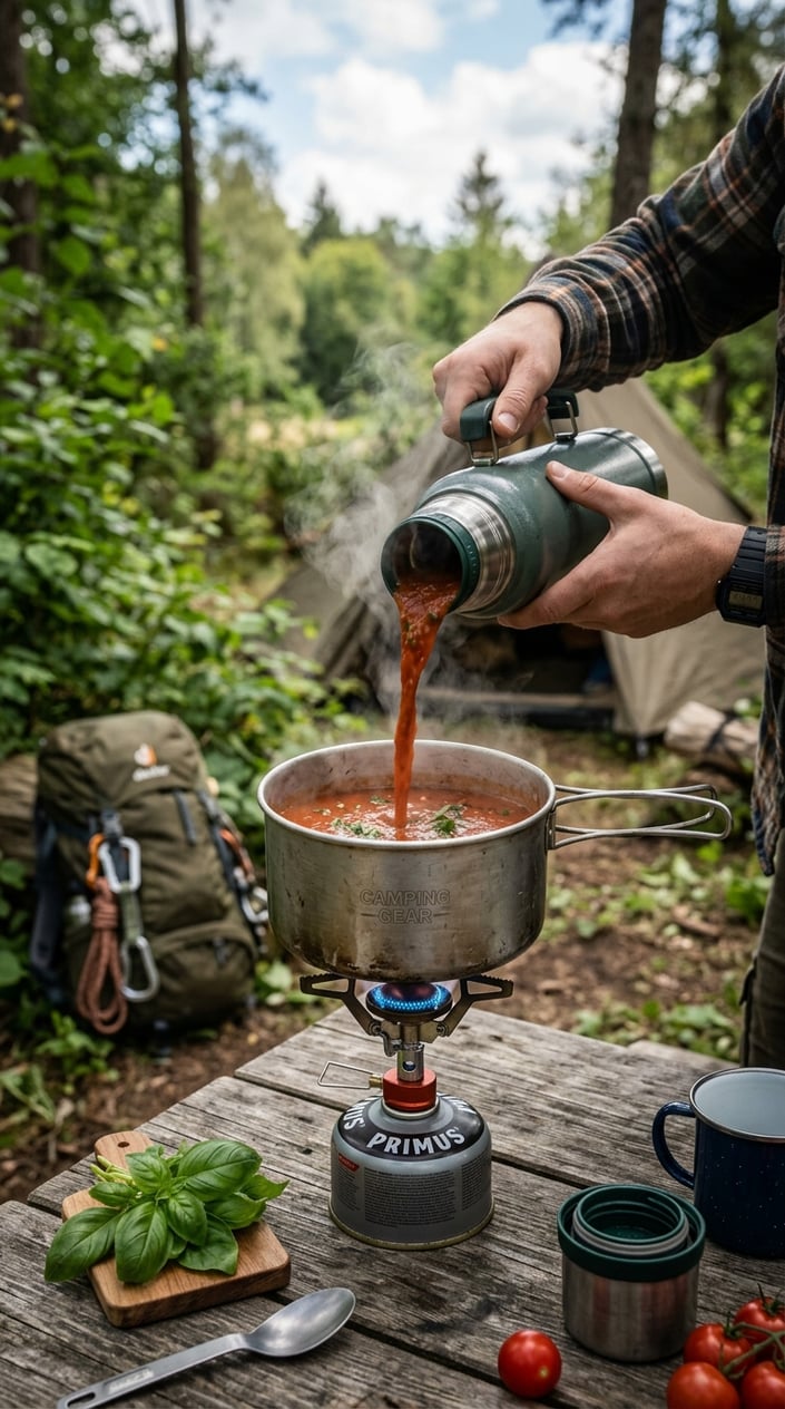 17 Camping Meals You Can Prep Ahead and Heat Over a Single-Burner Stove 16 A thermos pouring tomato basil soup into a camping pot on a portable stove outdoors surrounded by fresh tomatoes and basil.