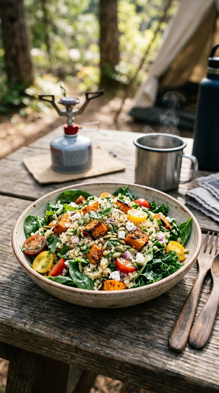 17 Camping Meals You Can Prep Ahead and Heat Over a Single-Burner Stove 17 A bowl of quinoa salad with roasted sweet potato cubes and fresh vegetables on a wooden camping table outdoors.