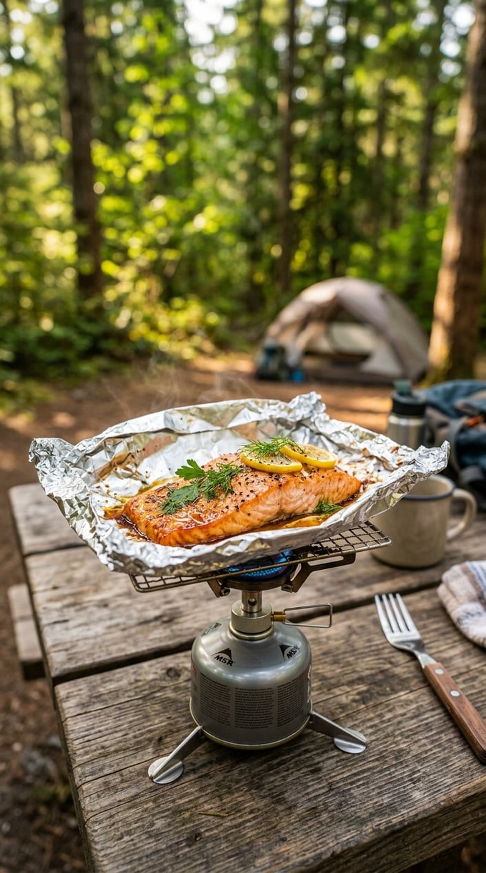 17 Camping Meals You Can Prep Ahead and Heat Over a Single-Burner Stove 18 Maple-glazed salmon cooking in a foil packet on a single-burner camping stove outdoors with greenery in the background.