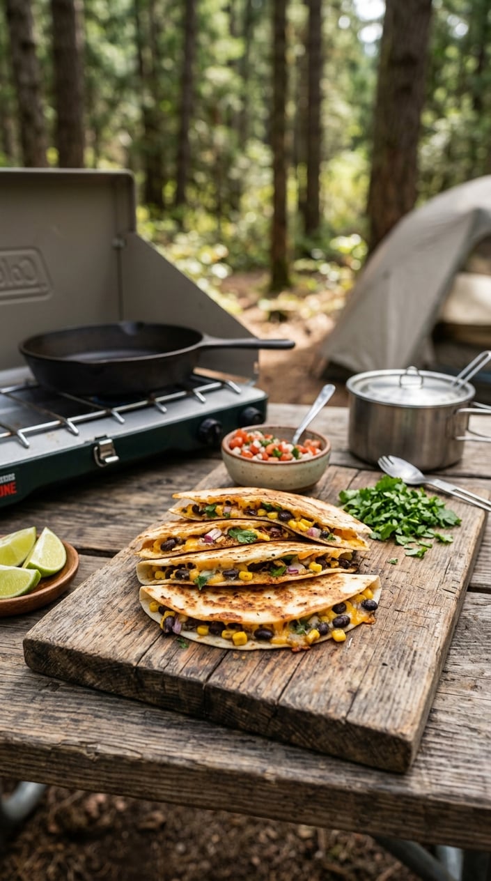 17 Camping Meals You Can Prep Ahead and Heat Over a Single-Burner Stove 19 Pre-assembled black bean and corn quesadillas on a wooden board with camping cookware and fresh ingredients in an outdoor setting.
