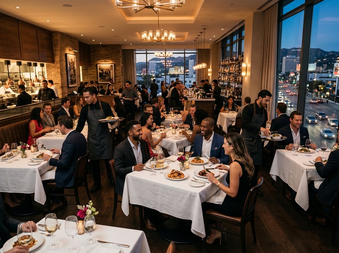 Interior of a busy upscale restaurant in Los Angeles with diners enjoying meals and city views at twilight.