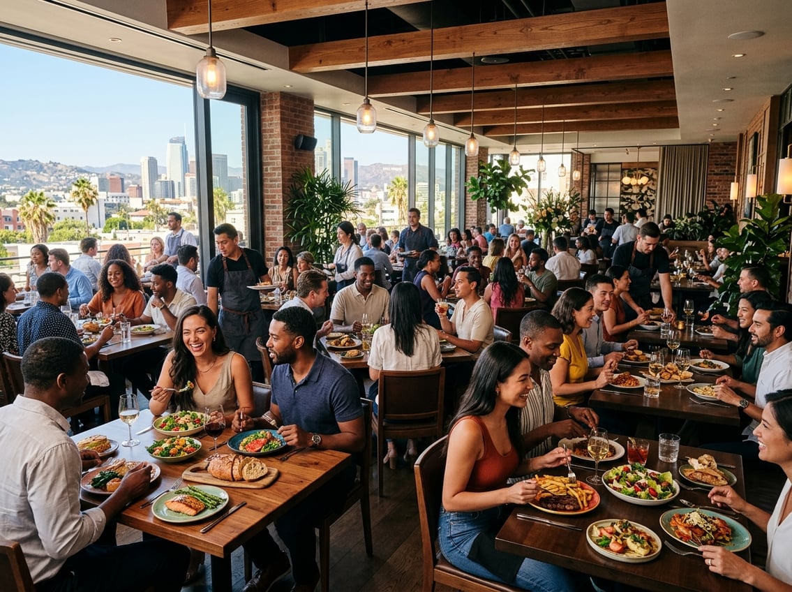 A busy restaurant interior with people enjoying meals at tables and a city view through large windows.