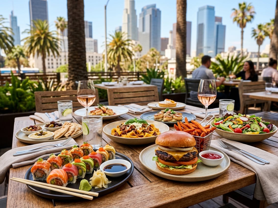 A table outdoors with a variety of gourmet dishes including sushi, burger, pasta, and salad, set against a sunny city backdrop.