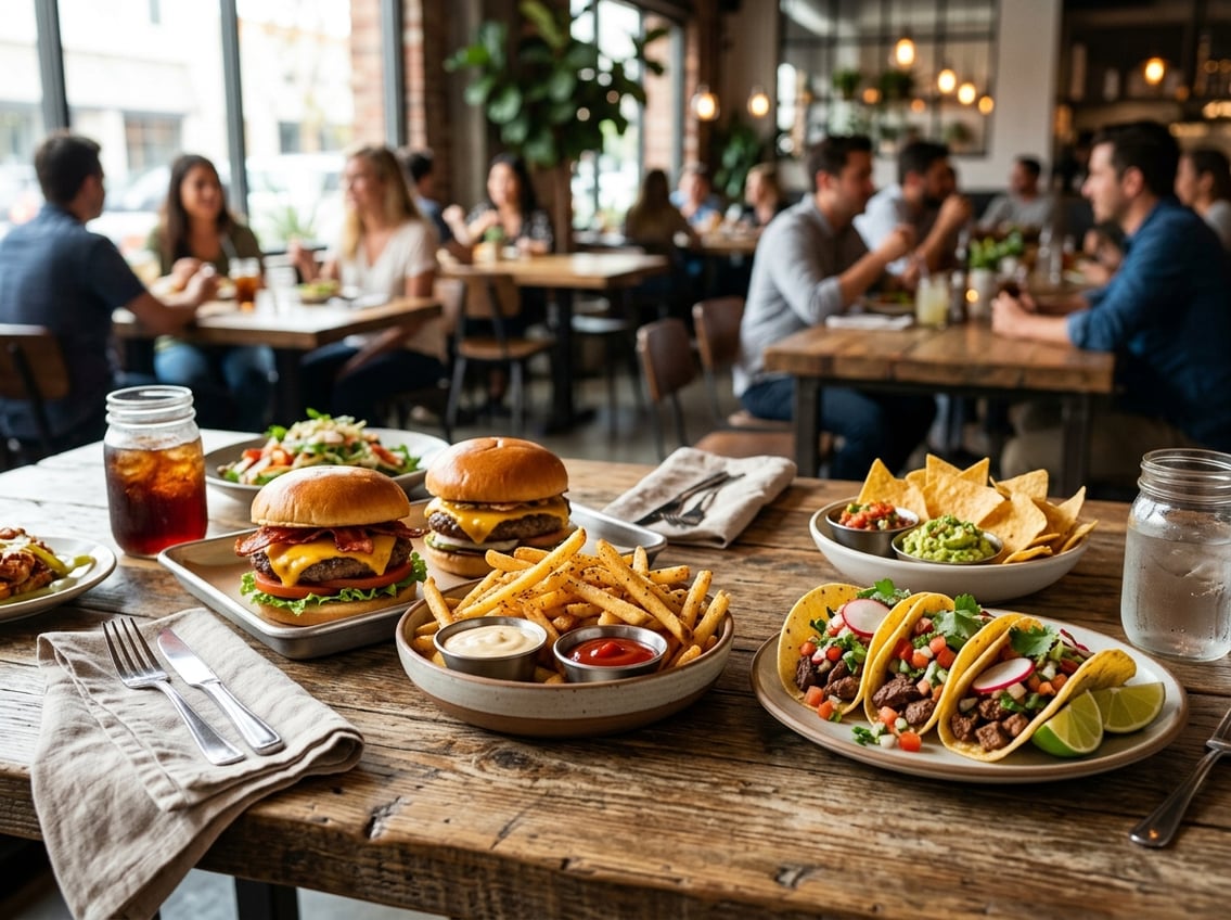 A table filled with burgers, fries, tacos, and dipping sauces inside a busy restaurant with people dining in the background.