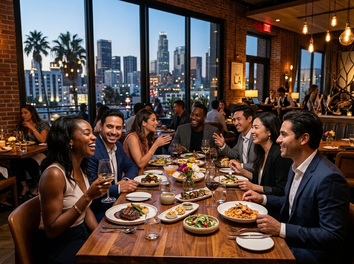 A group of people enjoying a meal together at a modern restaurant with a city view in the background.