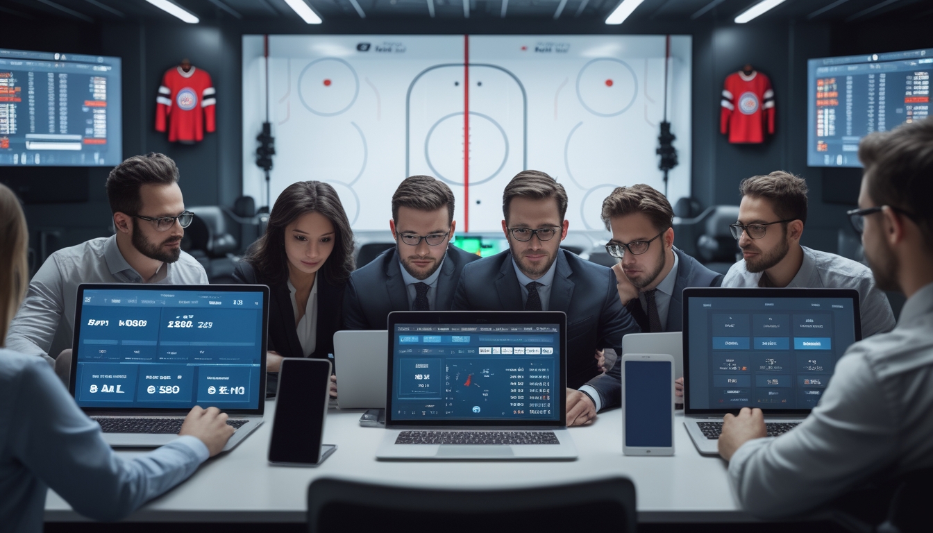 Sekelompok orang menggunakan perangkat digital untuk melihat statistik dan peluang taruhan hoki es di sebuah ruangan modern.