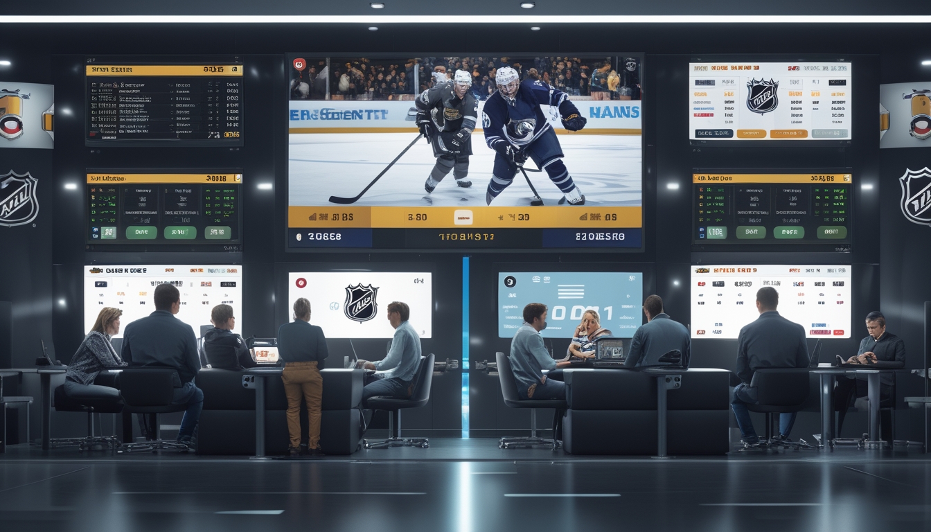 Orang-orang di ruang taruhan olahraga modern yang menonton pertandingan hoki NHL dan menggunakan perangkat digital untuk memasang taruhan.