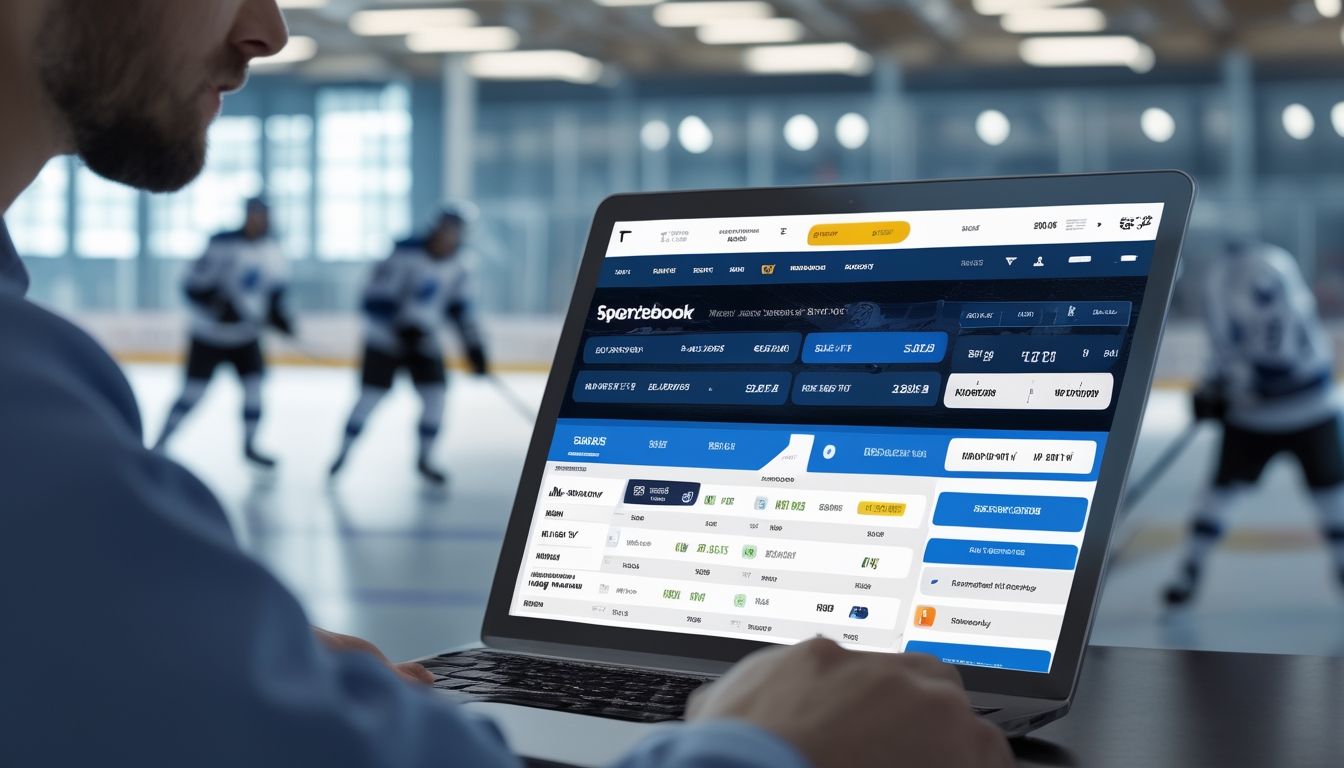 Seseorang menggunakan perangkat digital dengan tampilan taruhan NHL yang menampilkan peluang dan konfirmasi pembayaran cepat, dengan latar belakang arena hoki es dan pemain yang sedang bertanding.