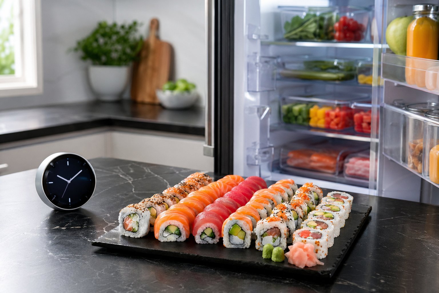 A platter of fresh sushi rolls on a kitchen counter next to an open refrigerator door with organised food containers inside.