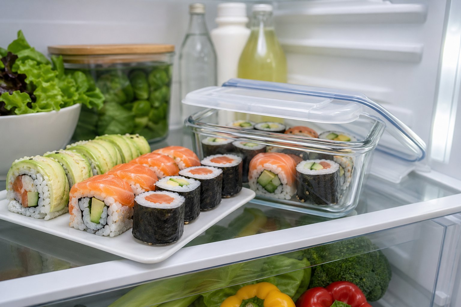 Fresh sushi rolls on a plate next to a glass container inside a clean refrigerator shelf.