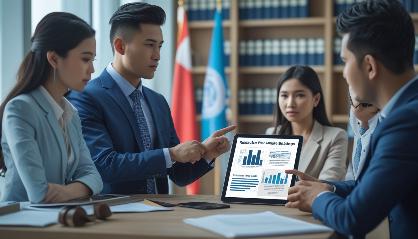 Sekelompok profesional sedang berdiskusi di kantor dengan dokumen dan perangkat digital terkait regulasi dan legalitas di Indonesia.