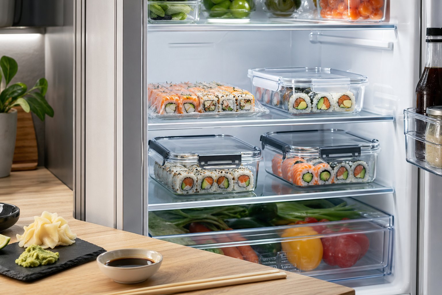 A fridge interior with neatly stored sushi rolls in clear containers and plastic wrap on a glass shelf.