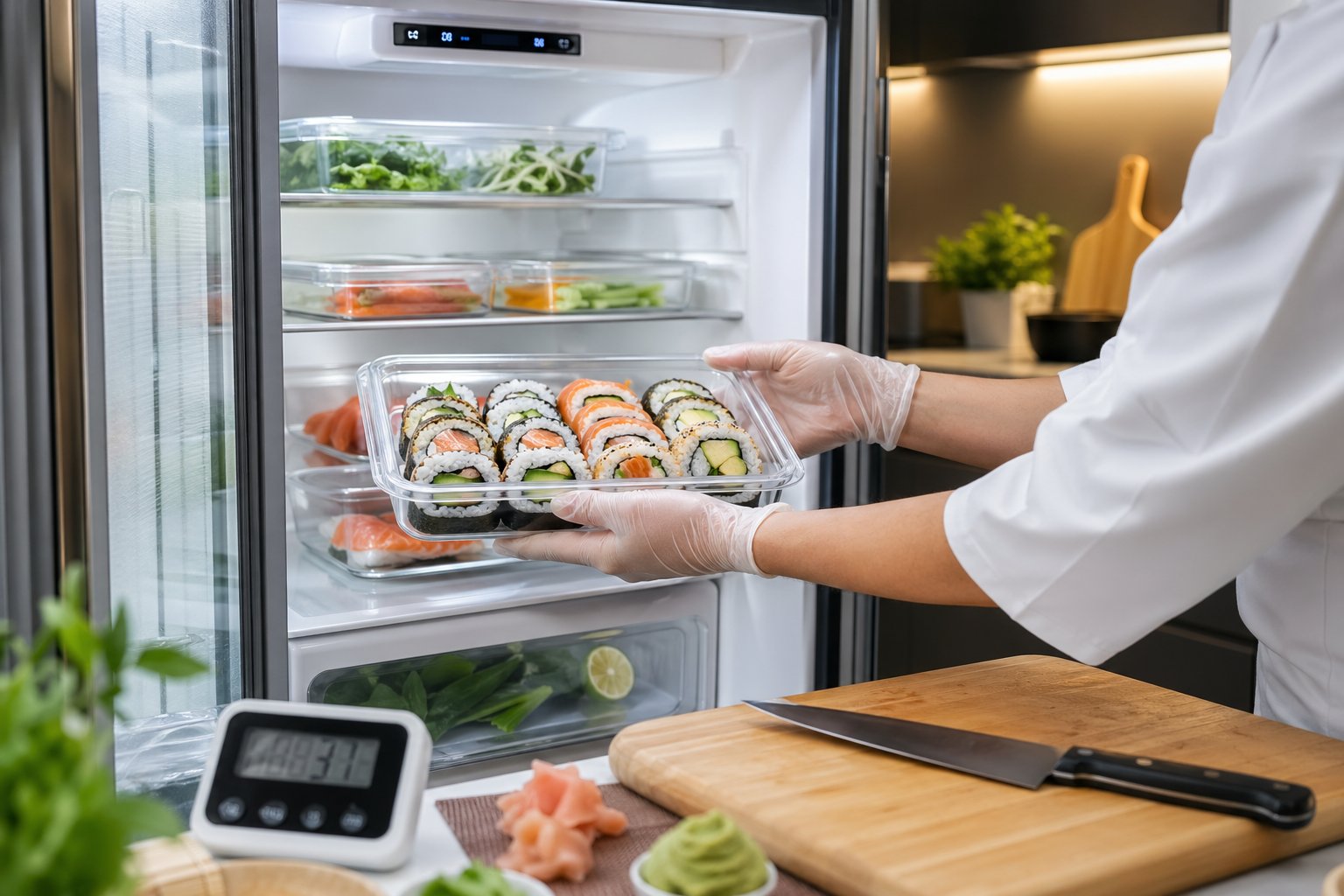 A person wearing gloves places a container of fresh sushi rolls into a clean, well-lit fridge in a modern kitchen.