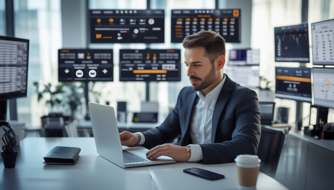Seorang pria profesional duduk di meja kantor modern, melihat layar laptop dengan data taruhan hoki es NHL dan beberapa layar digital menampilkan aksi hoki dan grafik taruhan.