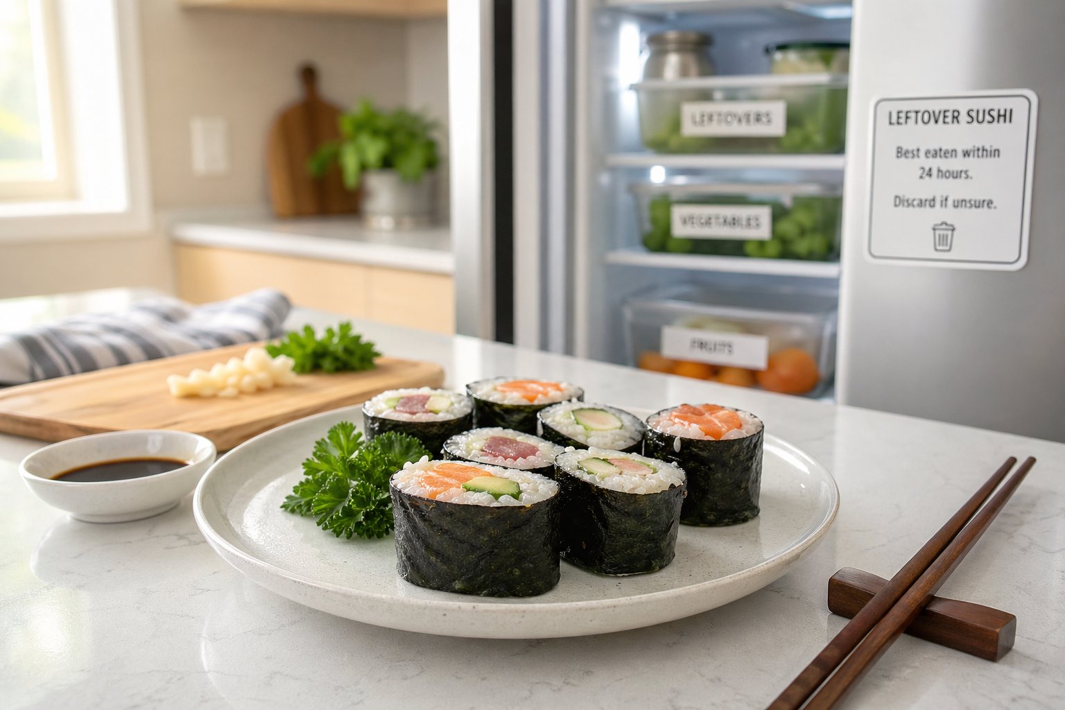 Leftover sushi rolls on a plate next to chopsticks on a kitchen countertop with a refrigerator door open in the background.