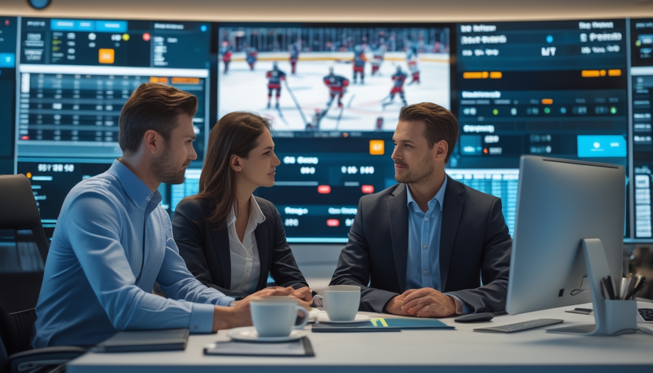 Dua orang sedang menganalisis strategi taruhan NHL di kantor modern dengan layar komputer yang menampilkan statistik dan permainan hoki.