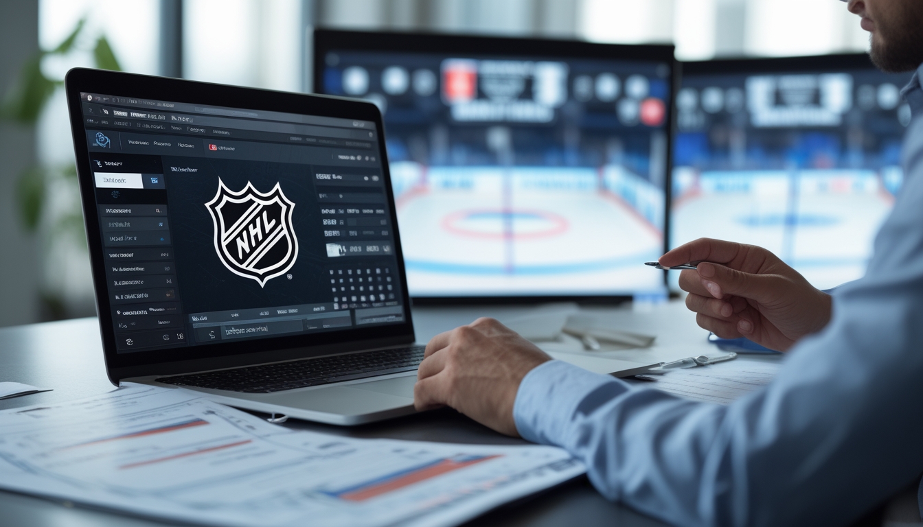 Seorang pria menganalisis data taruhan NHL di depan laptop dengan grafik dan statistik hoki di layar dan meja yang rapi.