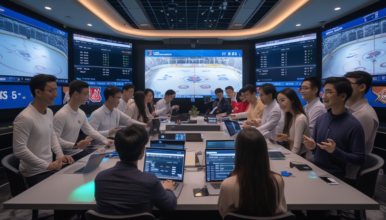 Sekelompok orang Asia sedang menonton pertandingan hoki es dan menggunakan perangkat digital untuk bertaruh dalam suasana lounge modern.