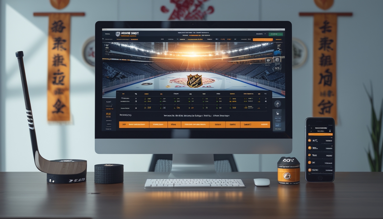 Meja kerja modern dengan komputer yang menampilkan situs taruhan NHL, dilengkapi dengan alat hoki dan ponsel, menunjukkan suasana taruhan olahraga yang profesional.
