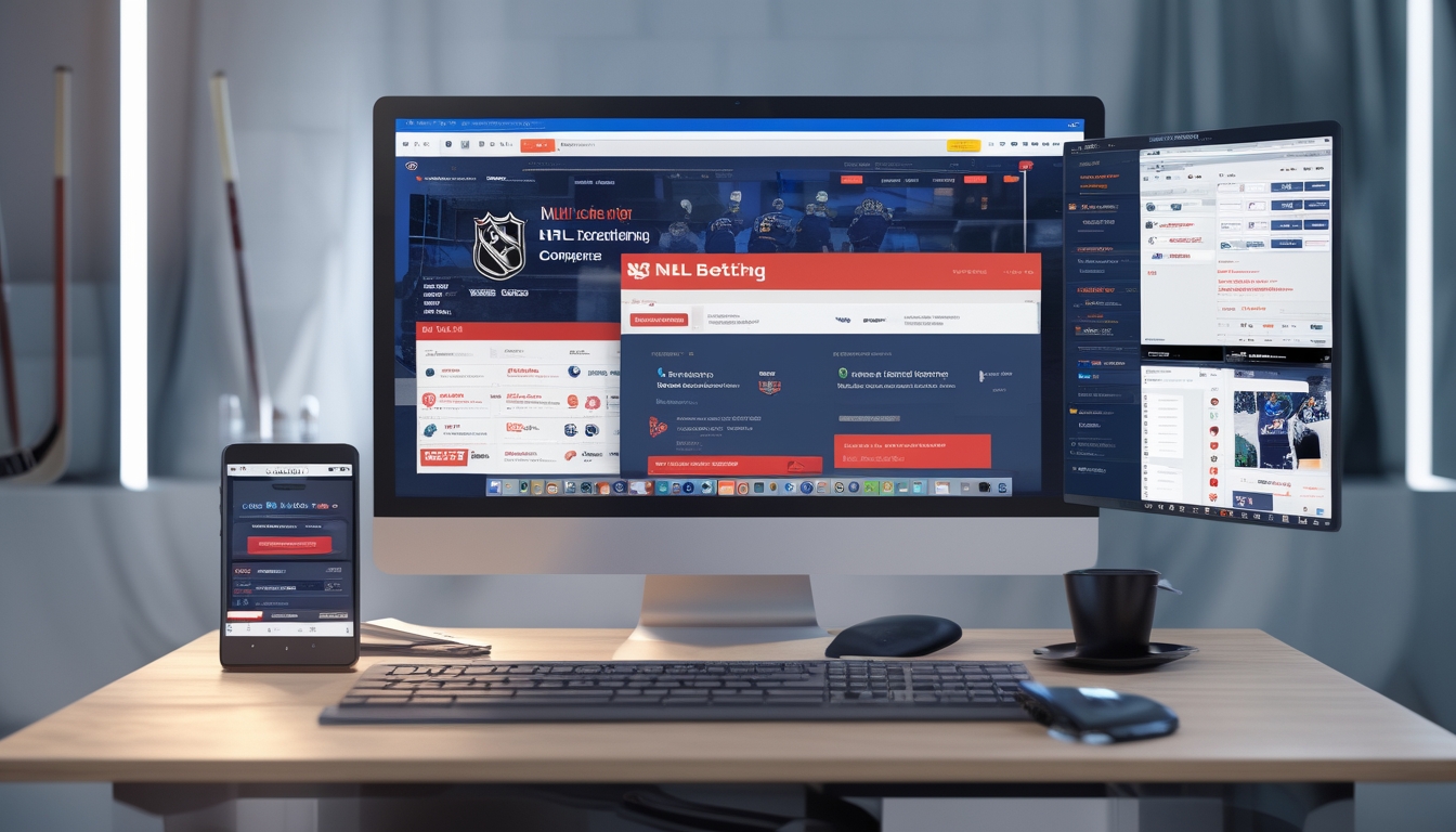 Sebuah ruang kerja modern dengan monitor yang menampilkan beberapa situs taruhan NHL yang berbeda, dikelilingi oleh perangkat elektronik dan dekorasi bertema hoki.