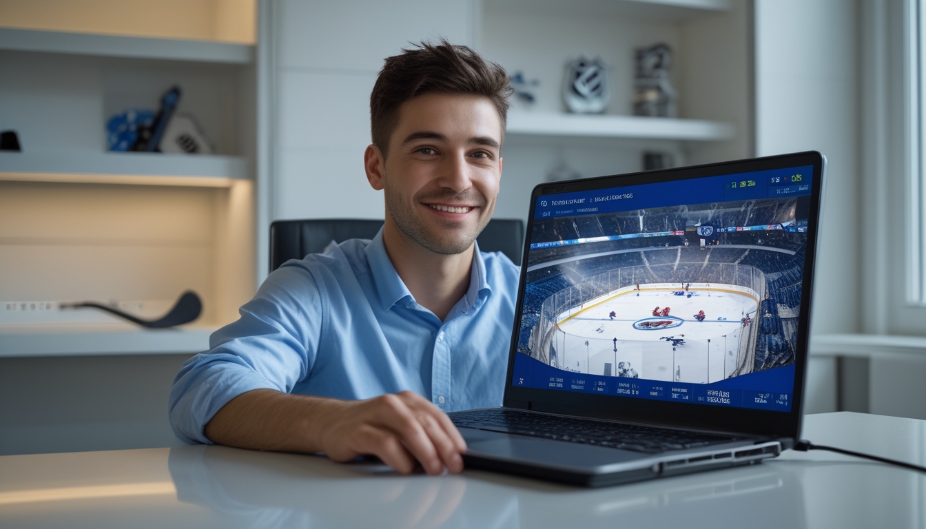 Seorang pria muda duduk di meja dengan laptop yang menampilkan pertandingan National Hockey League, terlihat percaya diri dan santai di lingkungan kantor yang rapi.