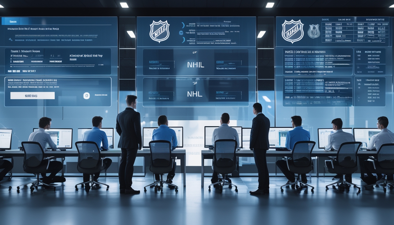 Sejumlah profesional sedang memantau sistem keamanan digital canggih dengan layar data dan grafik terkait NHL di sebuah ruang kontrol modern.