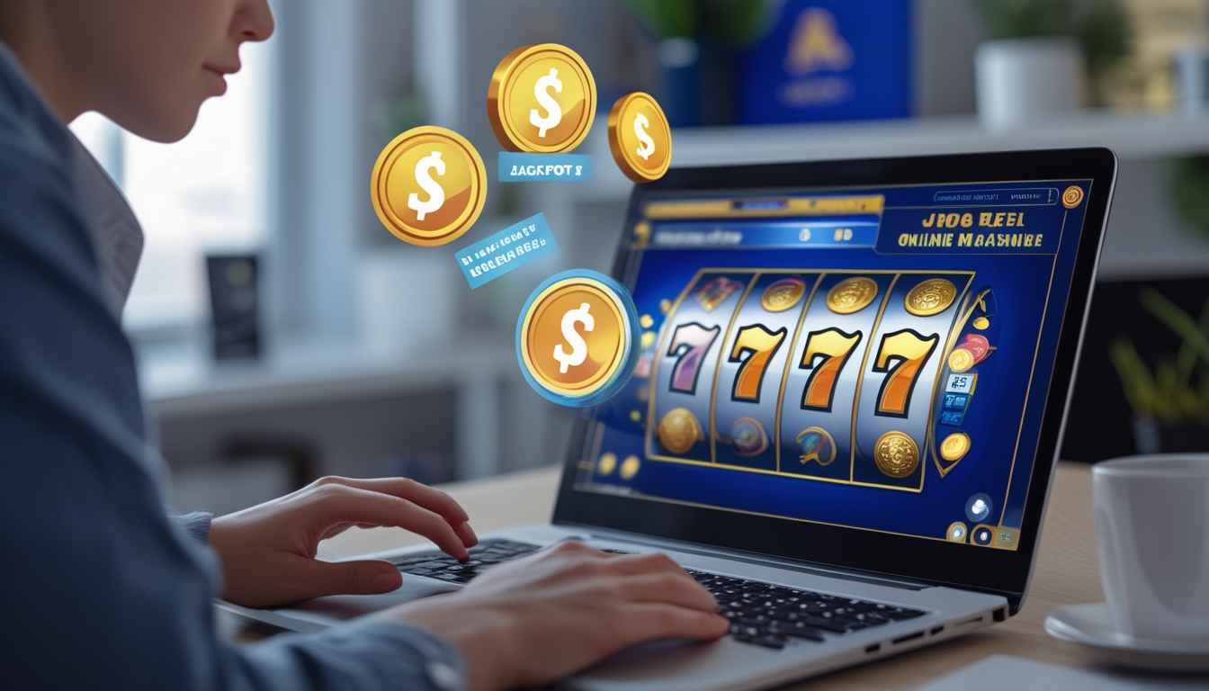Seseorang duduk di depan laptop dengan tampilan permainan slot online yang berwarna-warni, di meja kerja yang rapi dan terang.