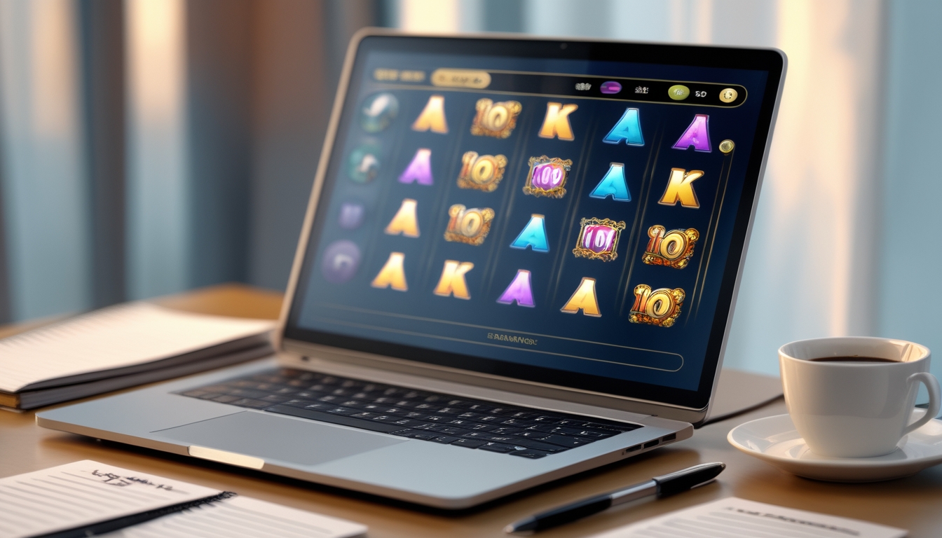 Meja kerja dengan laptop yang menampilkan permainan slot online, catatan, pena, dan cangkir kopi dalam suasana yang tenang dan fokus.