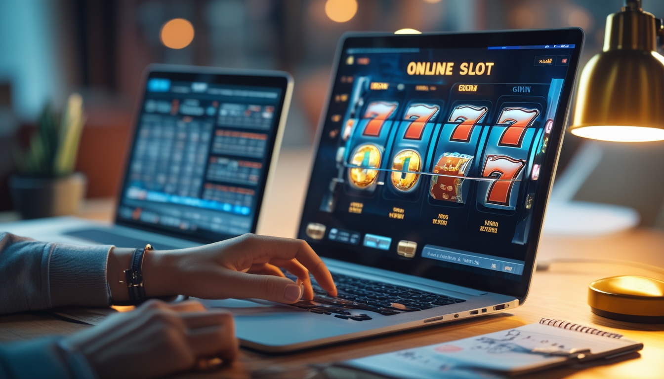Seorang pria duduk di depan laptop yang menampilkan permainan slot online dengan catatan dan ponsel di meja, menunjukkan suasana belajar dan fokus.