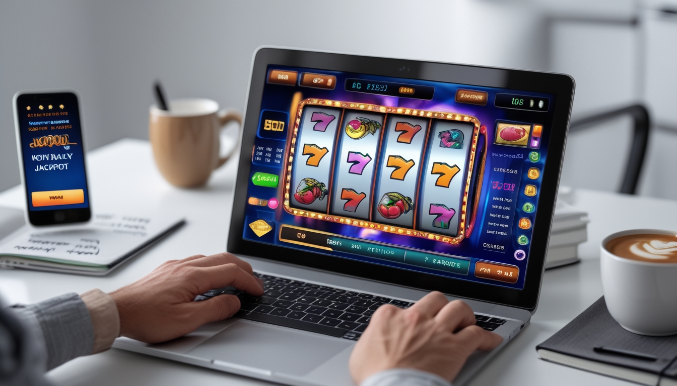 Seorang pengguna bermain mesin slot online di laptop dengan latar belakang meja kerja yang rapi dan beberapa alat tulis di sekitarnya.