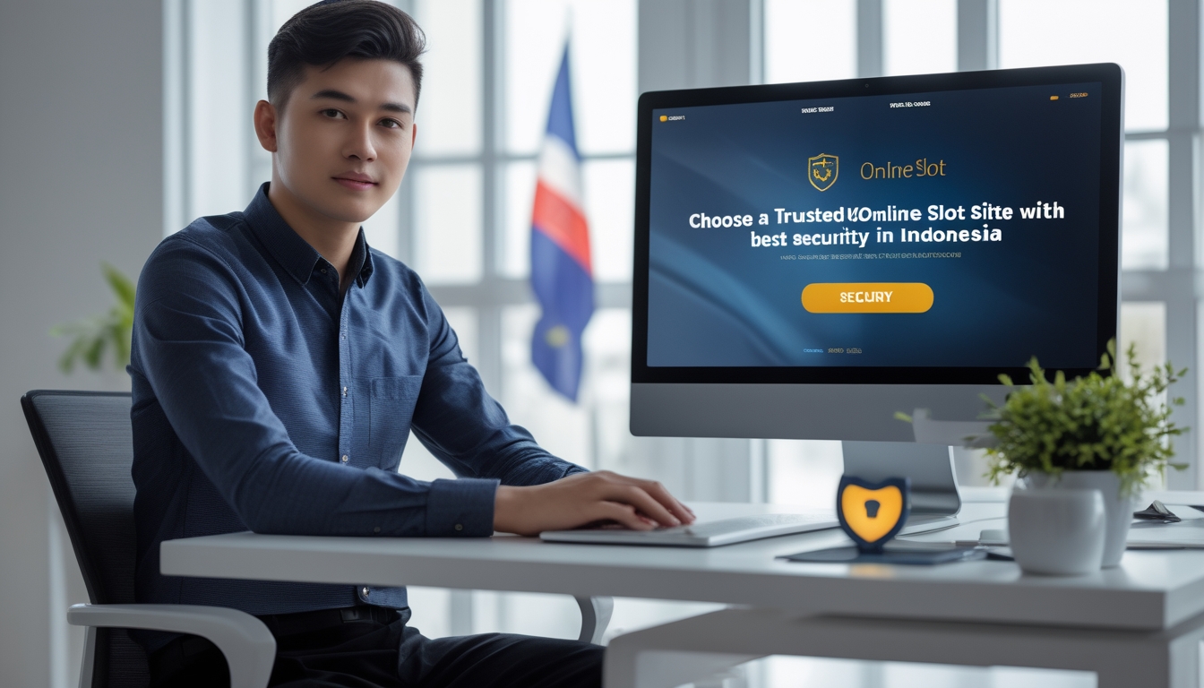 Seorang pria muda Indonesia duduk di depan laptop dengan tampilan situs web yang aman, di meja modern dengan elemen budaya Indonesia di latar belakang.