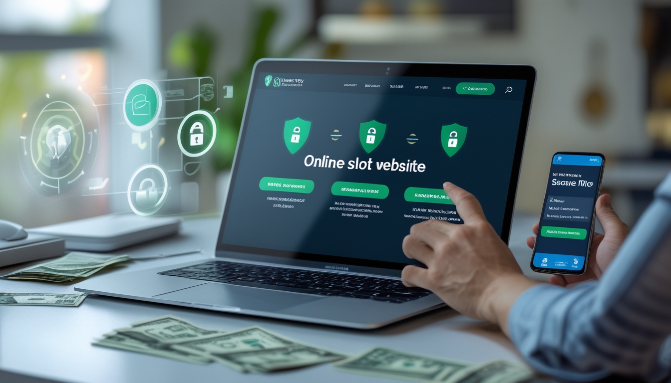Seorang pengguna berinteraksi dengan laptop yang menampilkan situs slot online terpercaya dengan simbol keamanan di layar.