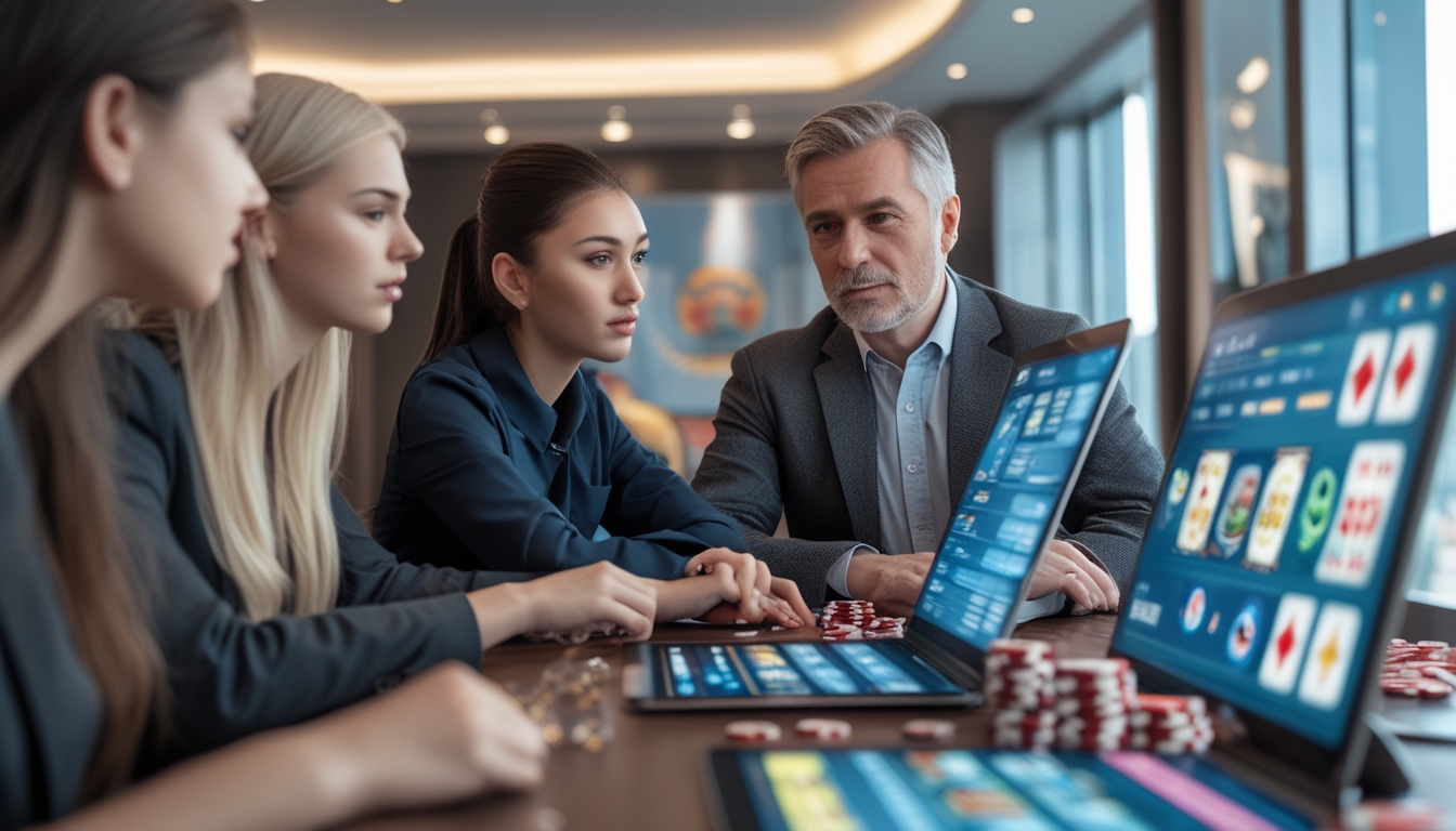 Beberapa orang sedang duduk bersama di meja dengan perangkat digital yang menampilkan permainan slot online, terlihat fokus dan berdiskusi strategi bermain.