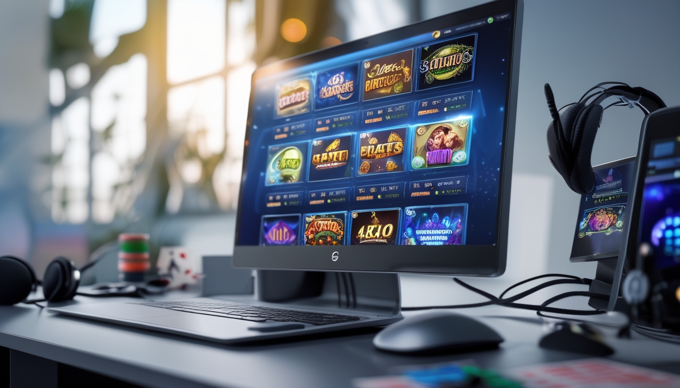 Sebuah meja dengan laptop menampilkan layar permainan slot online yang berwarna-warni, dengan aksesori gaming di sekitarnya dan dekorasi bertema kasino di latar belakang.