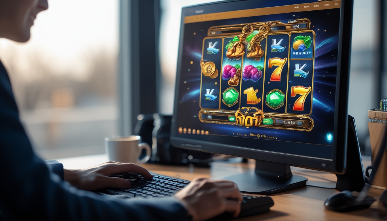 Seseorang bermain game slot online di komputer dengan layar menampilkan grafik permainan slot warna-warni.