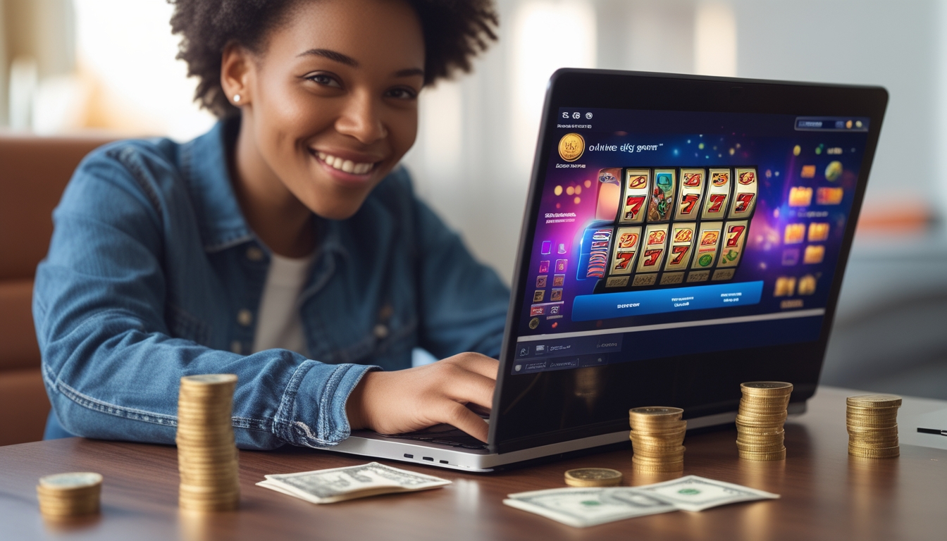 Seorang dewasa muda duduk di meja dengan laptop yang menampilkan permainan slot online berwarna-warni, tersenyum dengan tumpukan koin dan uang di sekitarnya.
