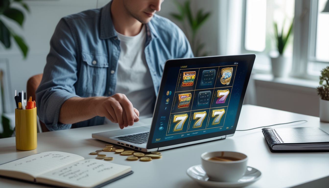 Seseorang sedang fokus bermain permainan slot online di laptop di ruang kerja rumah yang terang dan rapi.