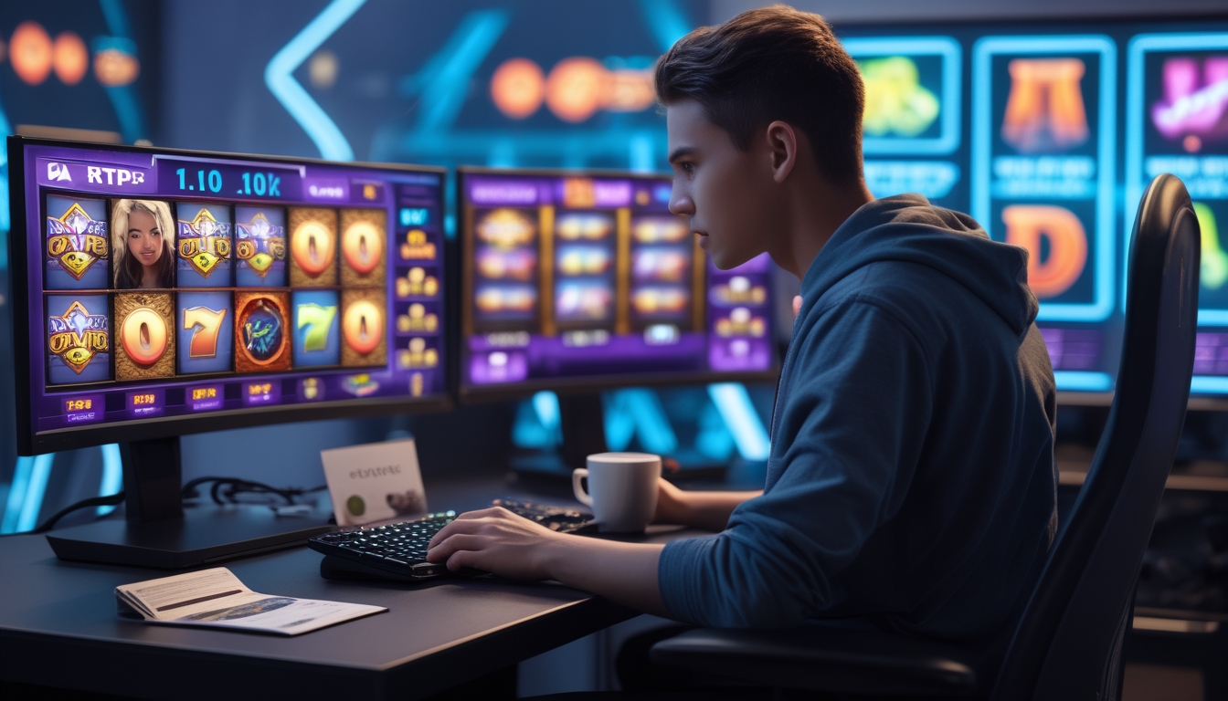 Seorang pemain muda duduk di depan beberapa monitor menampilkan permainan slot online dengan suasana nyaman dan fokus.