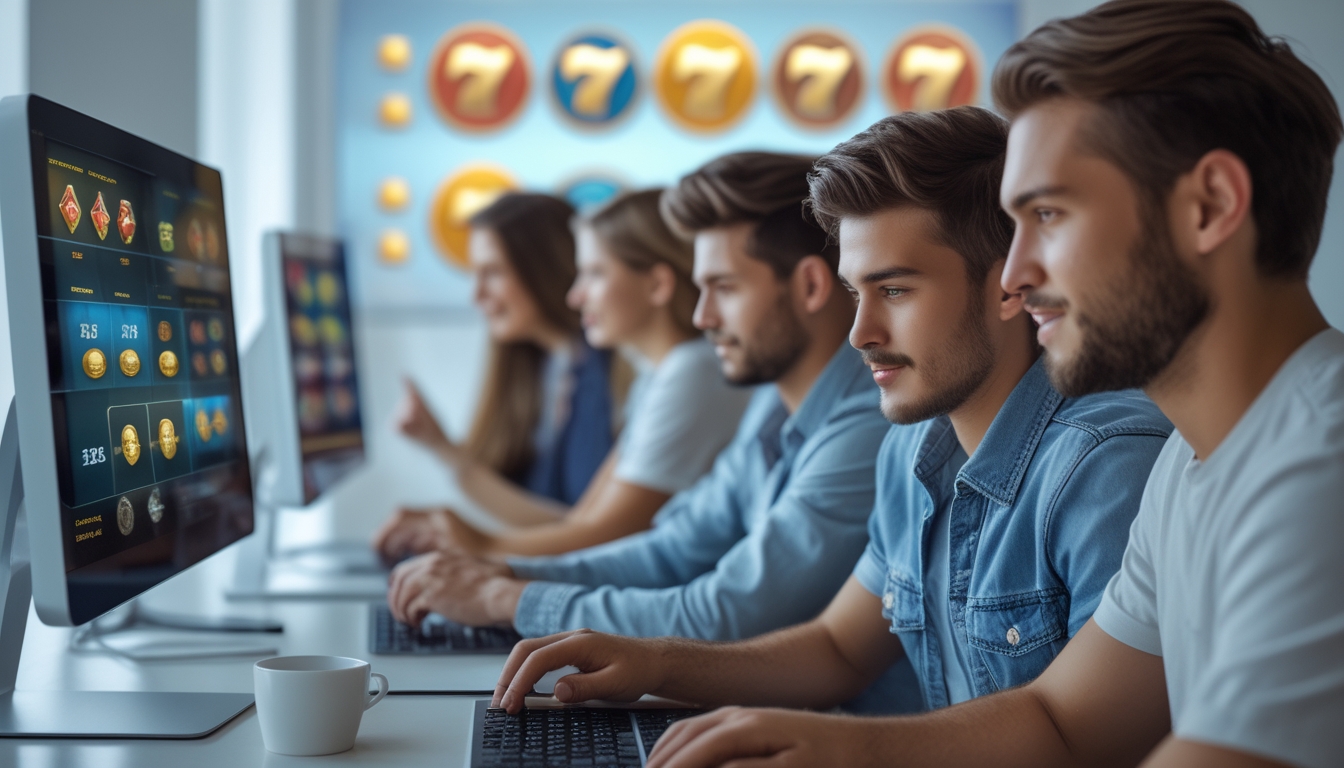 Sekelompok orang muda sedang bermain slot online di komputer dan tablet dalam ruangan terang dan modern.
