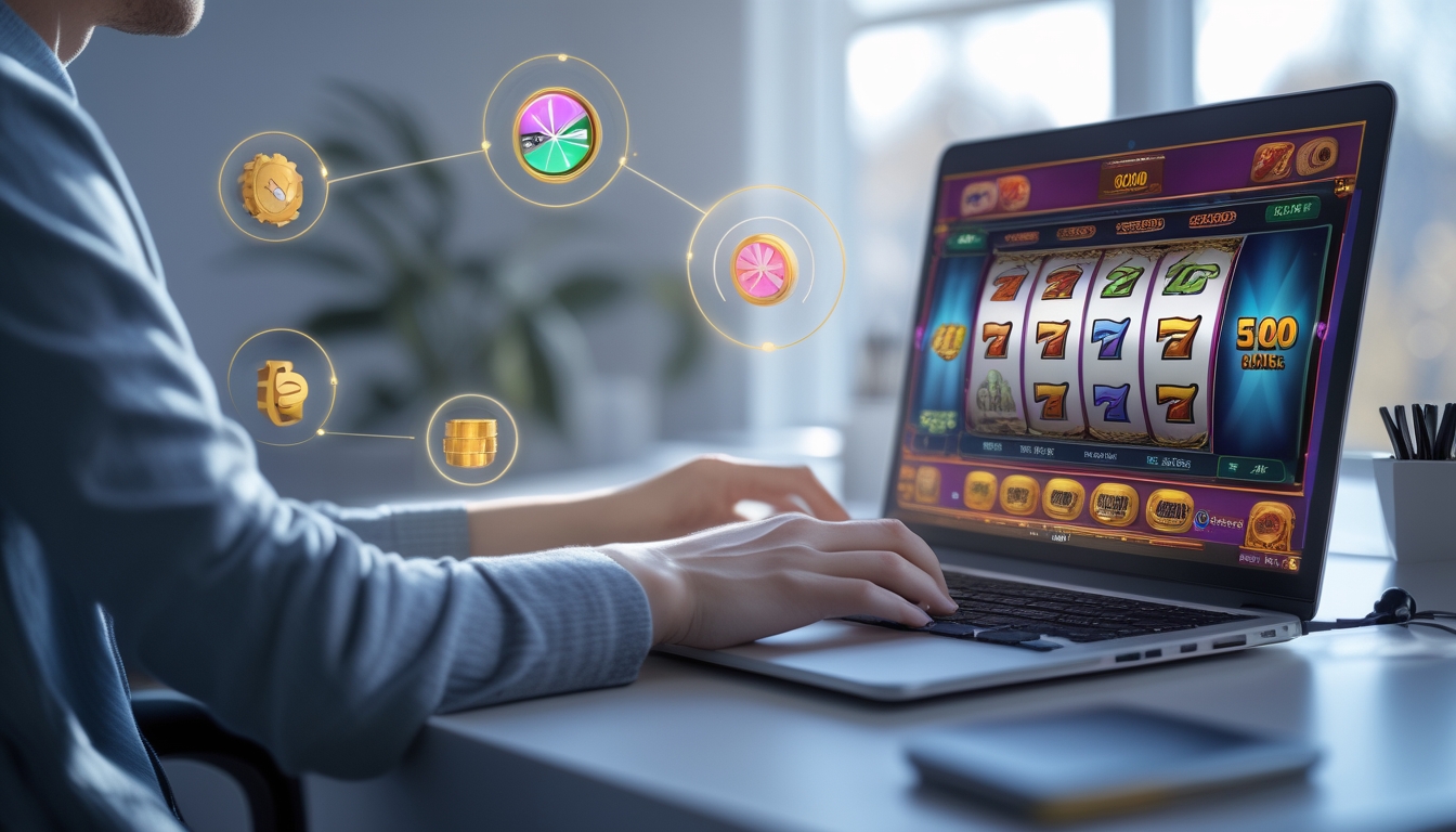 Seseorang duduk di meja dengan laptop yang menampilkan permainan slot online berwarna-warni, dengan ikon fitur permainan di sekitar layar.