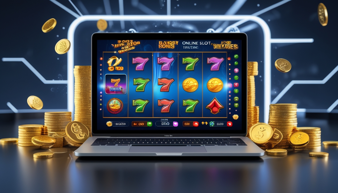 Seseorang sedang bermain game slot online di komputer dengan tumpukan koin emas di sekitarnya.