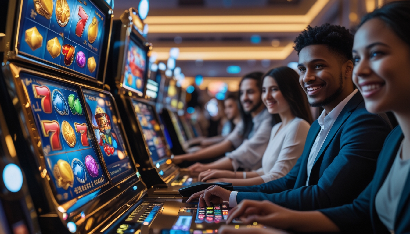 Orang-orang sedang bermain mesin slot online dengan latar belakang suasana kasino yang mewah dan pencahayaan lembut.