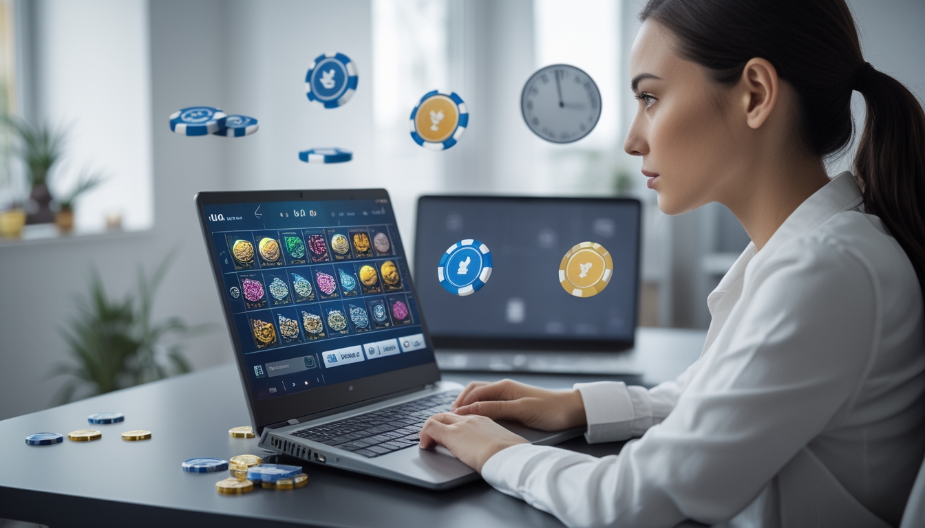 Seseorang duduk di meja dengan laptop yang menampilkan permainan slot online, terlihat fokus dan berhati-hati dalam bermain.